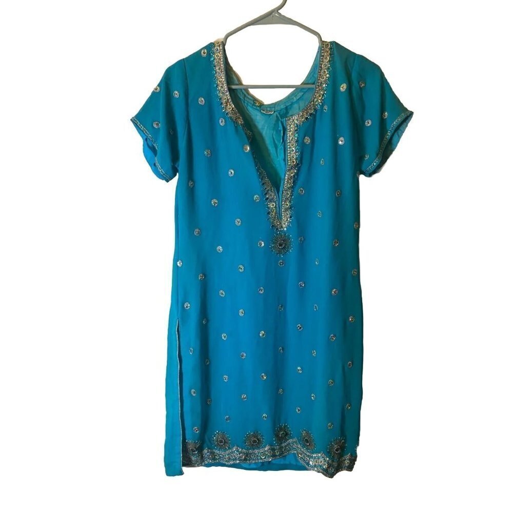Vintage Retro Boho  turquoise Beaded Tunic Top Hippie bling Women’s Large
